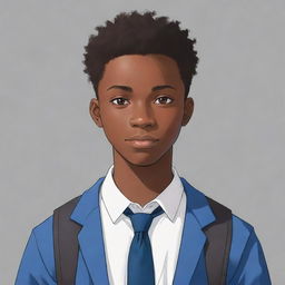 Anime style character illustration of a brilliant 18-year-old African male student, showing intelligence and determination.