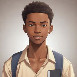 Anime style character illustration of a brilliant 18-year-old African male student, showing intelligence and determination.