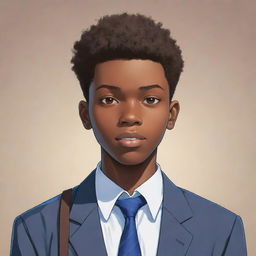 Anime style character illustration of a brilliant 18-year-old African male student, showing intelligence and determination.