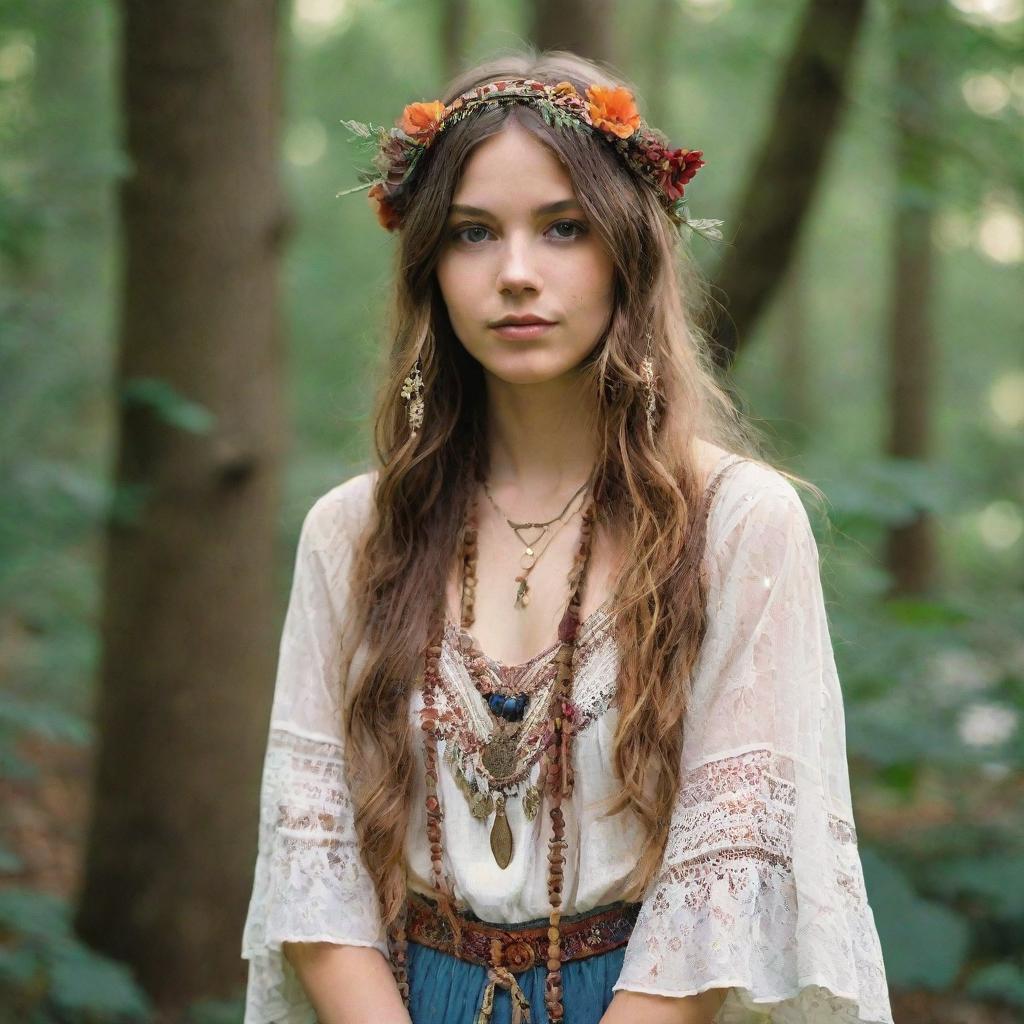 A young woman styled in bohemian hippie fashion, complete with natural elements and ethereal fairy-like charm.