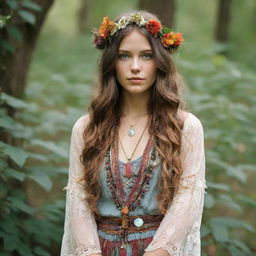 A young woman styled in bohemian hippie fashion, complete with natural elements and ethereal fairy-like charm.