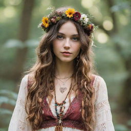 A young woman styled in bohemian hippie fashion, complete with natural elements and ethereal fairy-like charm.