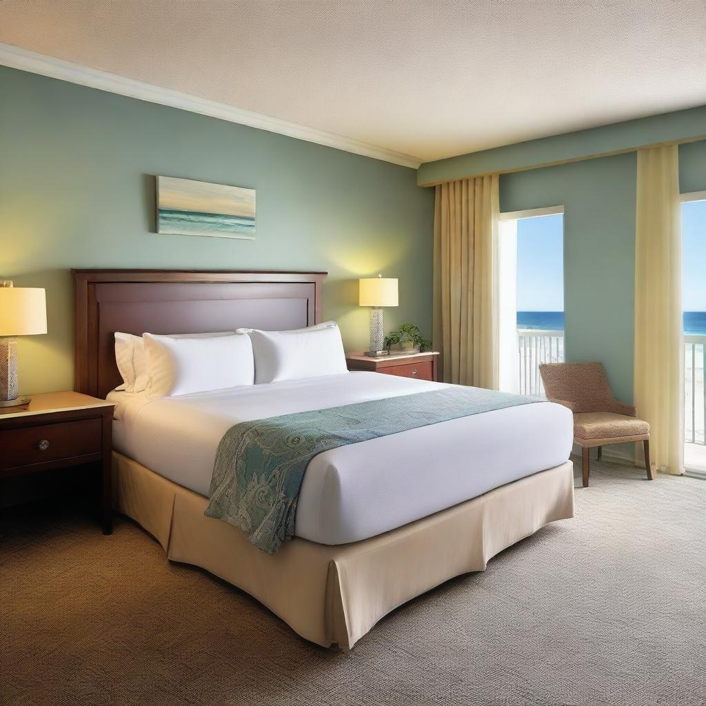 This is a high-quality photograph of a hotel room, with a coastal theme evident in its decor