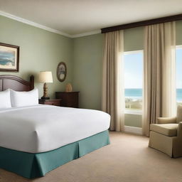 This is a high-quality photograph of a hotel room, with a coastal theme evident in its decor