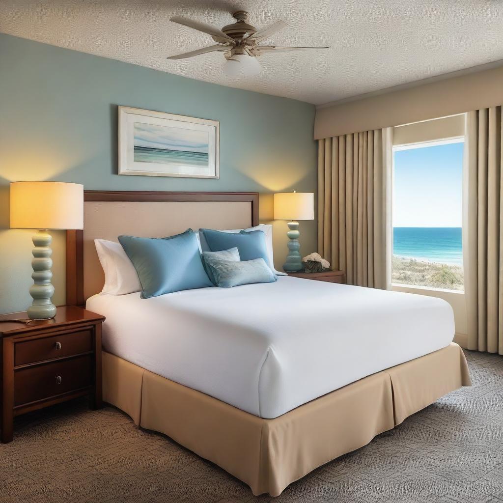 This is a high-quality photograph of a hotel room, with a coastal theme evident in its decor