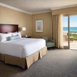 This is a high-quality photograph of a hotel room, with a coastal theme evident in its decor