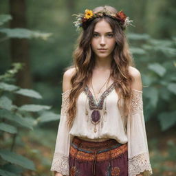 A young woman styled in bohemian hippie fashion, complete with natural elements and ethereal fairy-like charm.