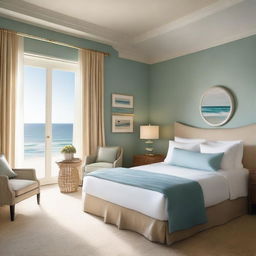 A strikingly realistic photograph captures a coastal-themed hotel room