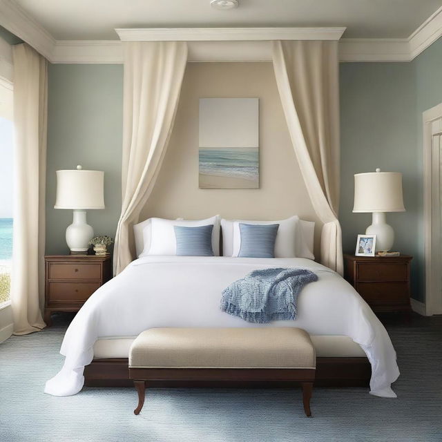 A strikingly realistic photograph captures a coastal-themed hotel room