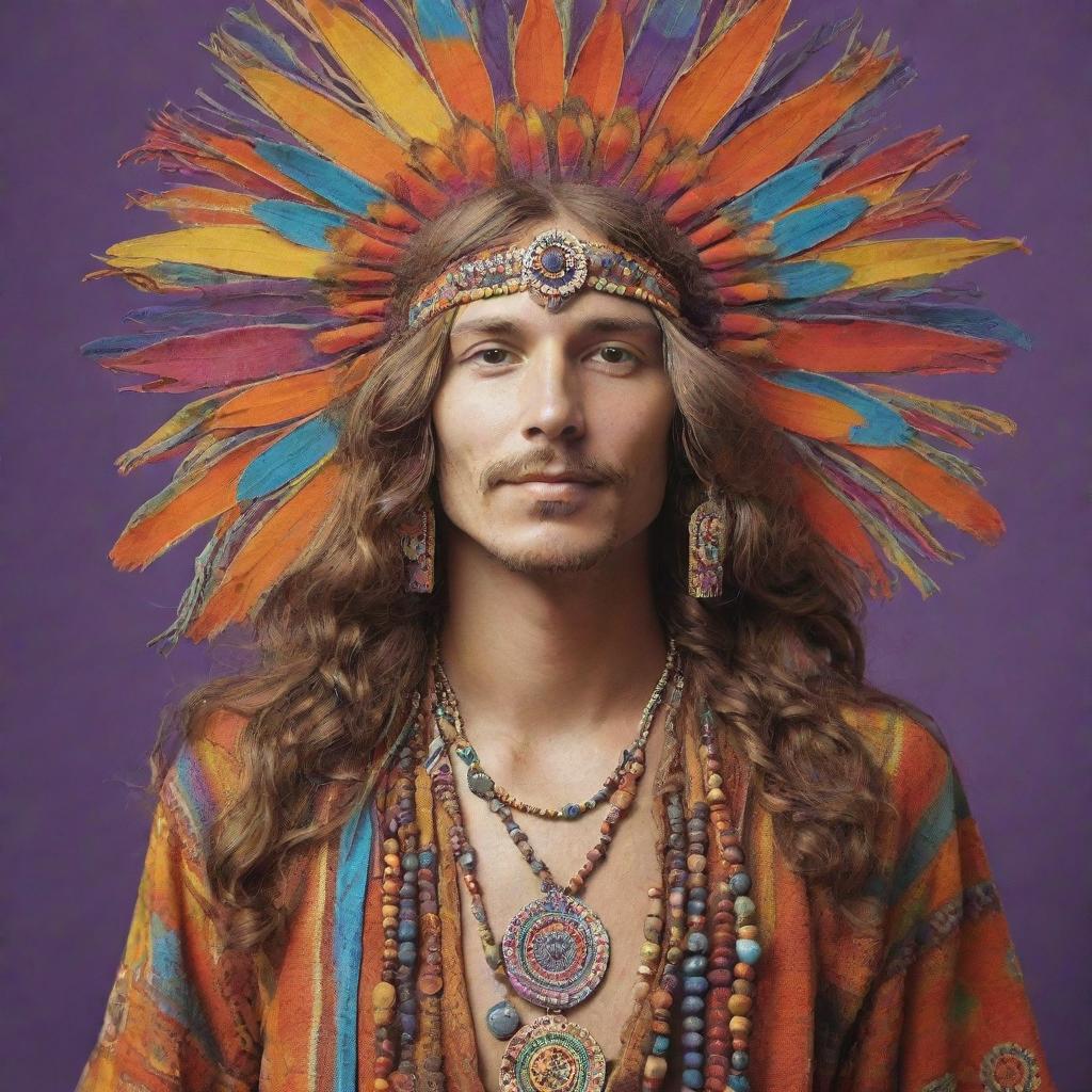 An artistic representation of a person adorned in classic 1970s hippie attire, radiating with vibrant colors and bohemian elements.