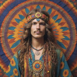 An artistic representation of a person adorned in classic 1970s hippie attire, radiating with vibrant colors and bohemian elements.