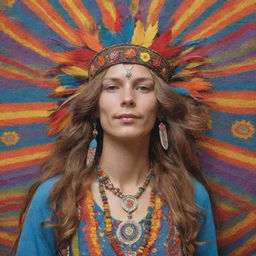 An artistic representation of a person adorned in classic 1970s hippie attire, radiating with vibrant colors and bohemian elements.