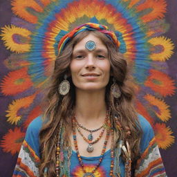 An artistic representation of a person adorned in classic 1970s hippie attire, radiating with vibrant colors and bohemian elements.