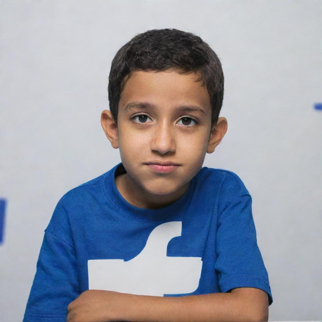 A young boy named Israr sitting behind a large, transparent logo of Facebook, peering through.