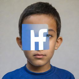 A young boy named Israr sitting behind a large, transparent logo of Facebook, peering through.