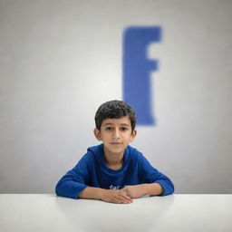 A young boy named Israr sitting behind a large, transparent logo of Facebook, peering through.