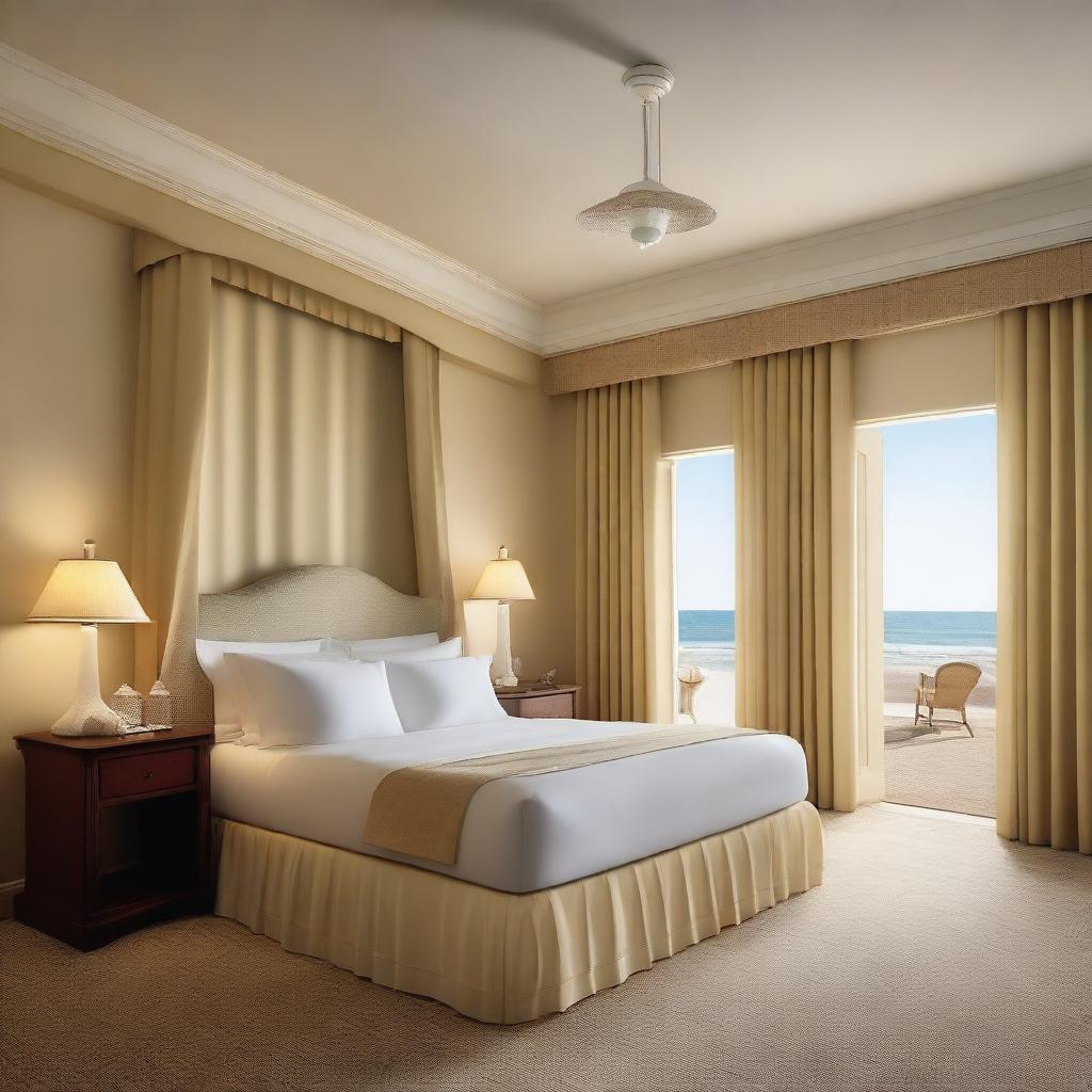 This is a strikingly realistic photograph of a coastal-themed hotel room