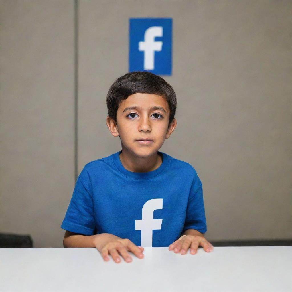 A young boy named Israr sitting behind a large, transparent logo of Facebook, peering through.