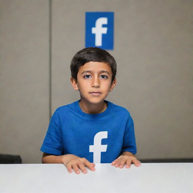 A young boy named Israr sitting behind a large, transparent logo of Facebook, peering through.