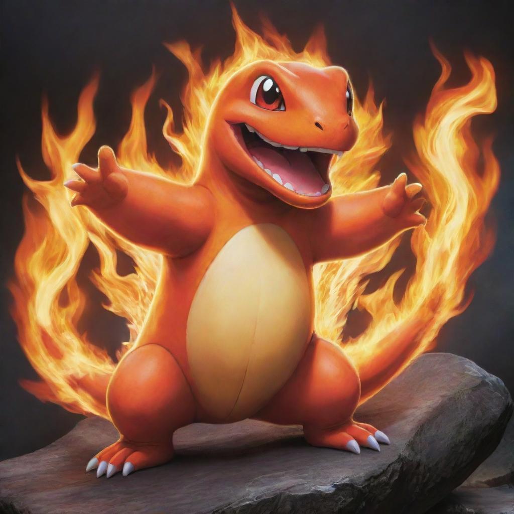 A vivid and detailed representation of Charmander, the fire-type Pokémon; roaring with fiery tail alight.