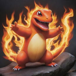 A vivid and detailed representation of Charmander, the fire-type Pokémon; roaring with fiery tail alight.