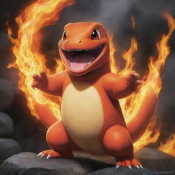 A vivid and detailed representation of Charmander, the fire-type Pokémon; roaring with fiery tail alight.