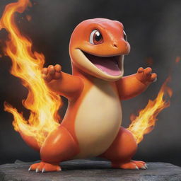 A vivid and detailed representation of Charmander, the fire-type Pokémon; roaring with fiery tail alight.