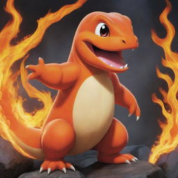 A vivid and detailed representation of Charmander, the fire-type Pokémon; roaring with fiery tail alight.