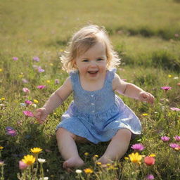 An innocent child playing in a sun-drenched meadow, surrounded by colorful wildflowers.