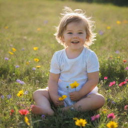 An innocent child playing in a sun-drenched meadow, surrounded by colorful wildflowers.