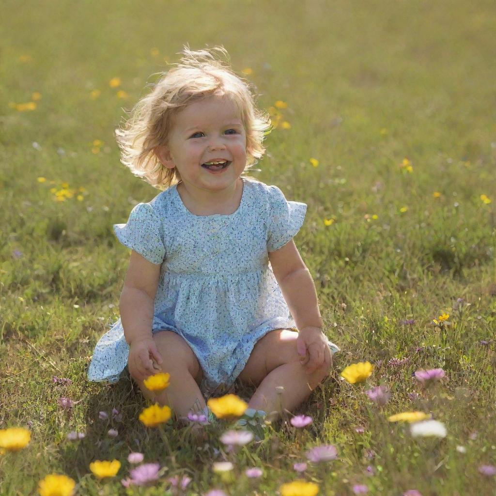 An innocent child playing in a sun-drenched meadow, surrounded by colorful wildflowers.