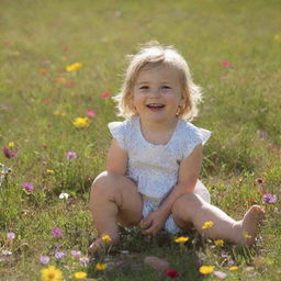 An innocent child playing in a sun-drenched meadow, surrounded by colorful wildflowers.