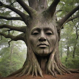 A tree majestically carved to resemble the shape of a human head, with branches spread out like hair.