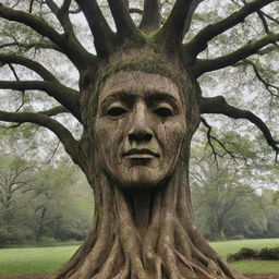 A tree majestically carved to resemble the shape of a human head, with branches spread out like hair.