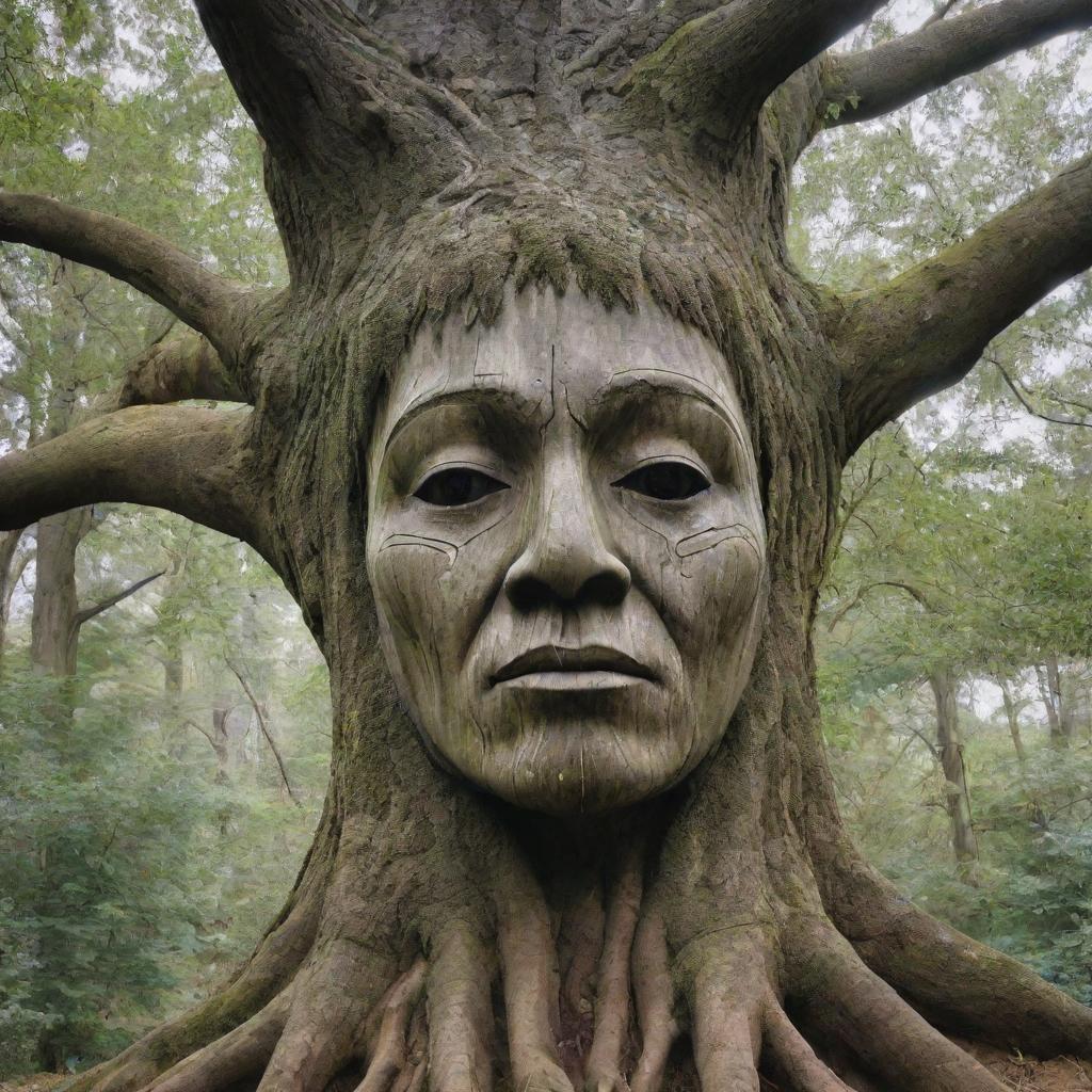 A tree majestically carved to resemble the shape of a human head, with branches spread out like hair.