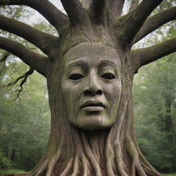 A tree majestically carved to resemble the shape of a human head, with branches spread out like hair.