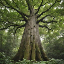 A lush, towering tree with thick foliage and a robust bark standing strong in a serene forest scene.