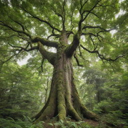 A lush, towering tree with thick foliage and a robust bark standing strong in a serene forest scene.