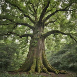 A lush, towering tree with thick foliage and a robust bark standing strong in a serene forest scene.