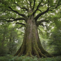 A lush, towering tree with thick foliage and a robust bark standing strong in a serene forest scene.