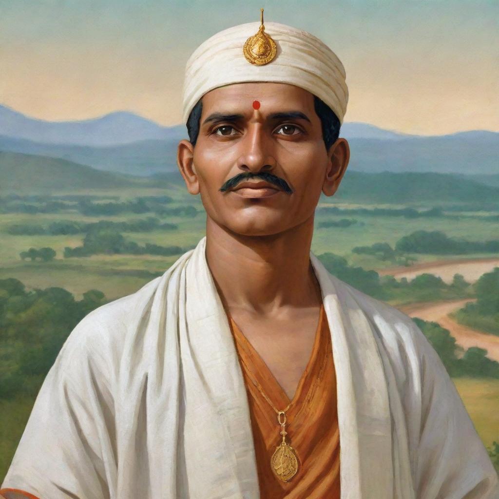 An image of Basavanna, a 12th-century Indian philosopher, statesman and social reformer. He is portrayed in traditional attire with serene facial expressions, against a peaceful landscape.