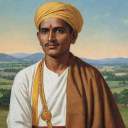 An image of Basavanna, a 12th-century Indian philosopher, statesman and social reformer. He is portrayed in traditional attire with serene facial expressions, against a peaceful landscape.