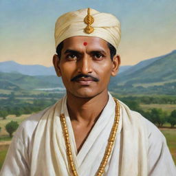 An image of Basavanna, a 12th-century Indian philosopher, statesman and social reformer. He is portrayed in traditional attire with serene facial expressions, against a peaceful landscape.