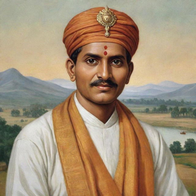 An image of Basavanna, a 12th-century Indian philosopher, statesman and social reformer. He is portrayed in traditional attire with serene facial expressions, against a peaceful landscape.