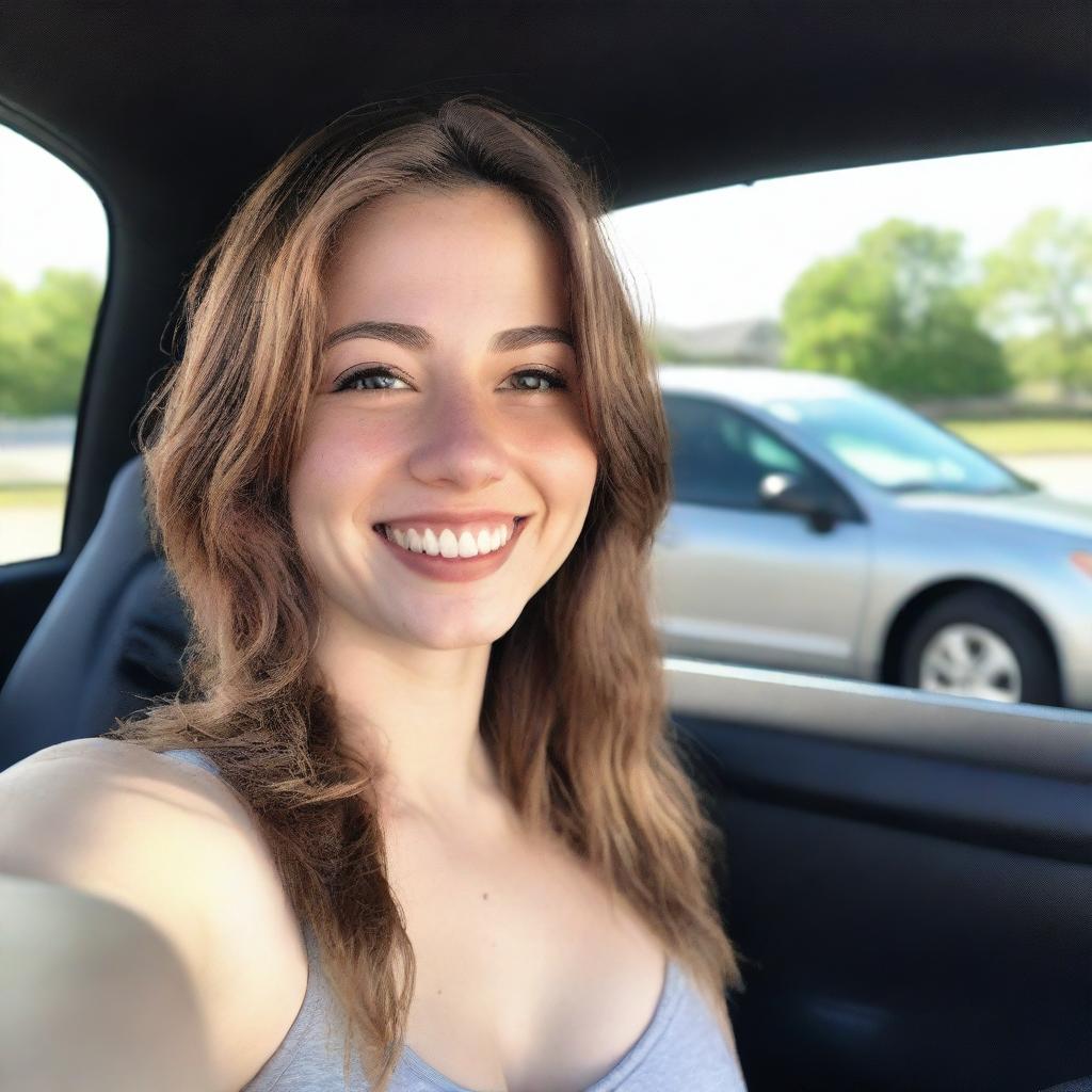 An expertly taken smartphone selfie of a young woman in her 20's, blessed with a large bust