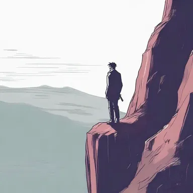 The protagonist stood at the edge of the cliff, contemplating his next move.