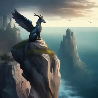 The mythical creature perched on the cliff, overlooking the magical realms below.