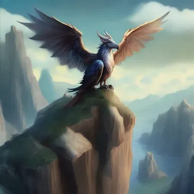 The mythical creature perched on the cliff, overlooking the magical realms below.