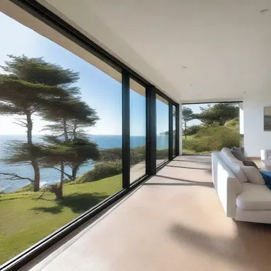 The modern house was built with large windows to offer breathtaking views of the coastal cliff.