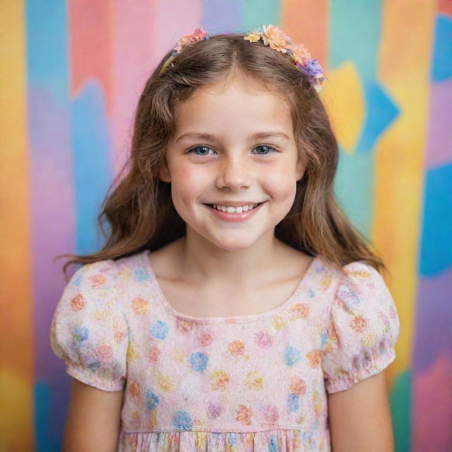 A portrait of a young girl with sparkling eyes and a charming smile, wearing a summer dress against a colorful backdrop.